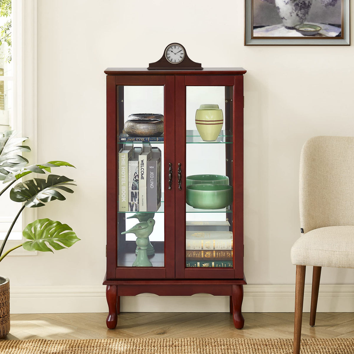 Lighted Cherry Curio Cabinet with Adjustable Shelves