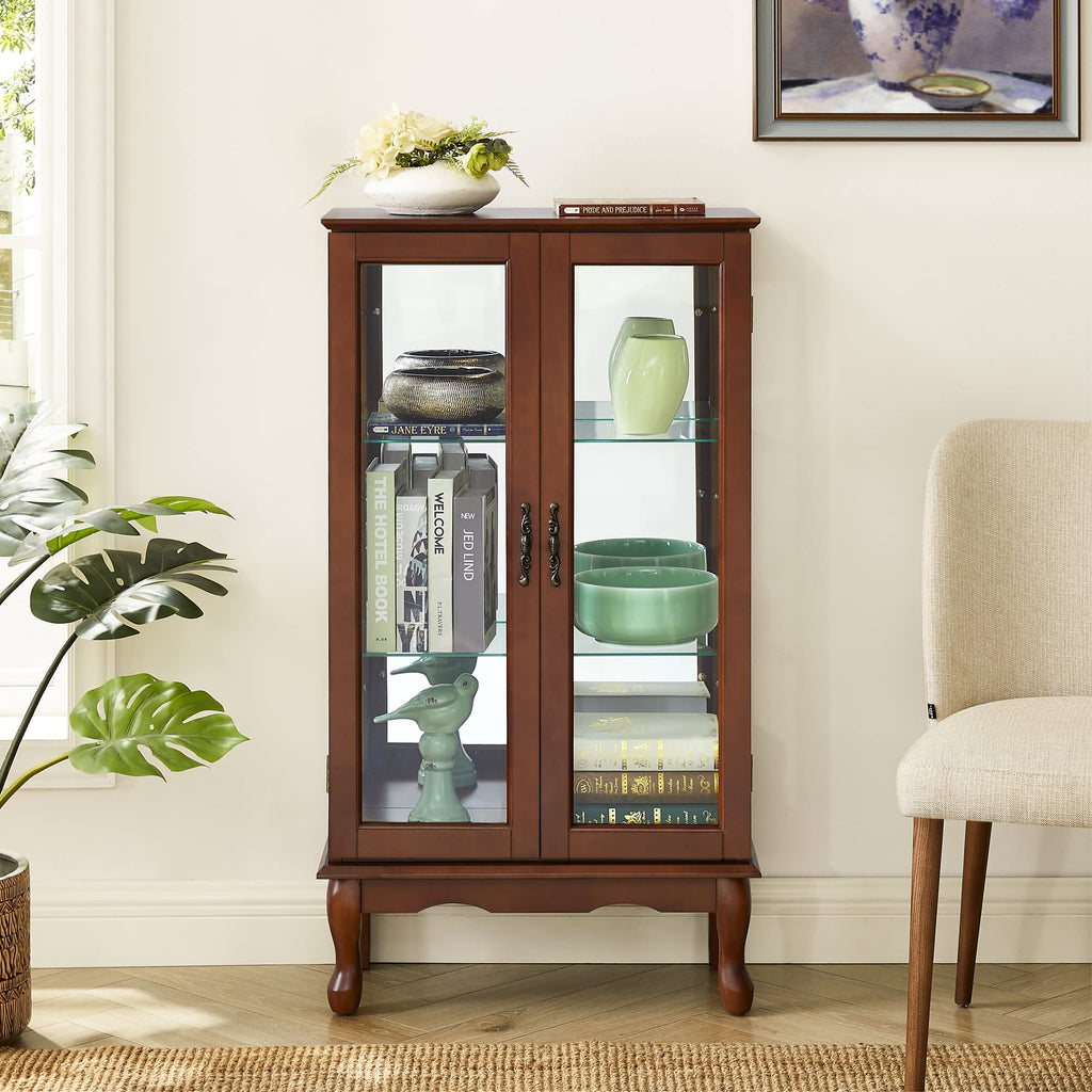 Lighted Curio Cabinet with Adjustable Shelves and Mirrored Back Panel
