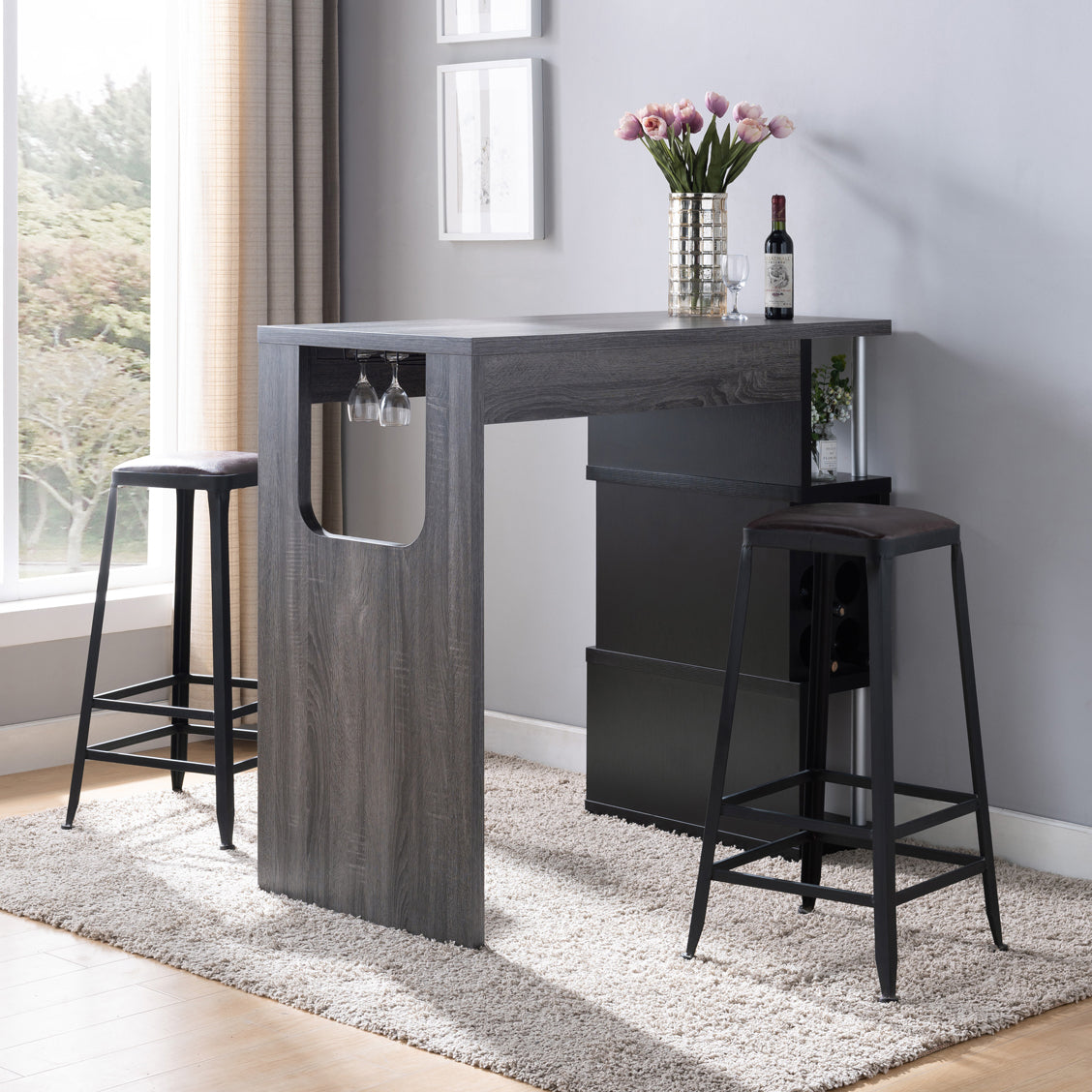 Distressed Home Bar Table with Wine Glass Compartment