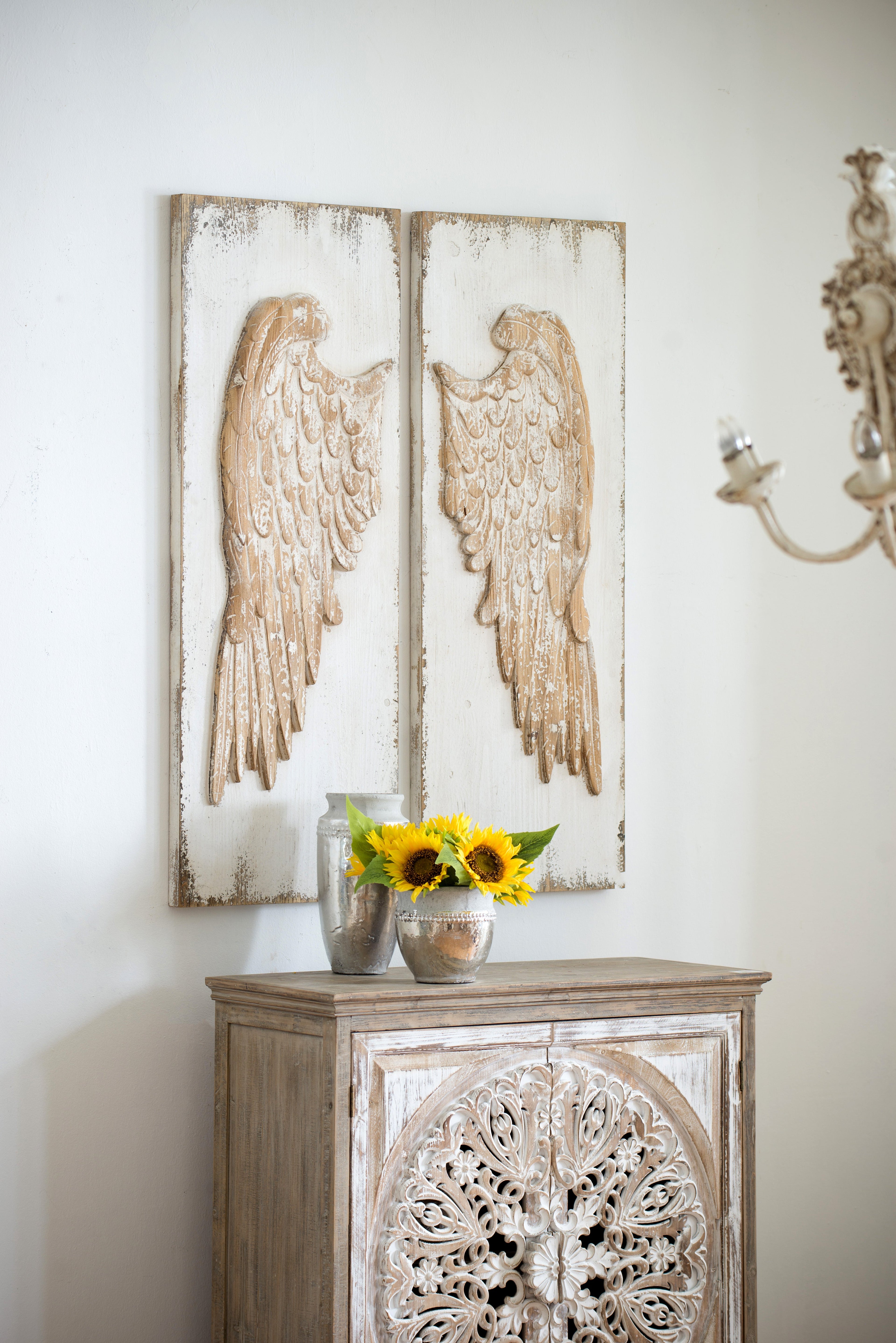 Set of 2 Feather Wing Wall Panels with Distressed Finish