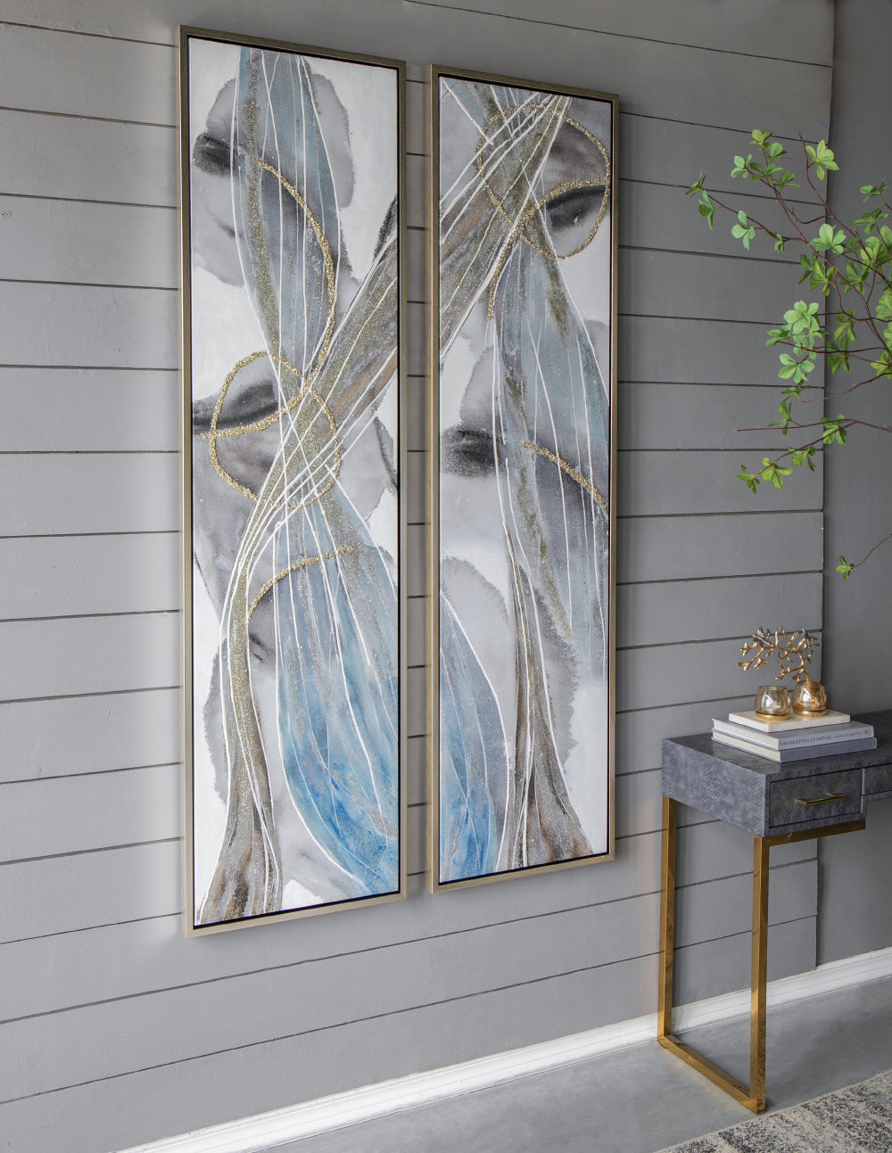Set of 2 Elongated Modern Abstract Oil Paintings
