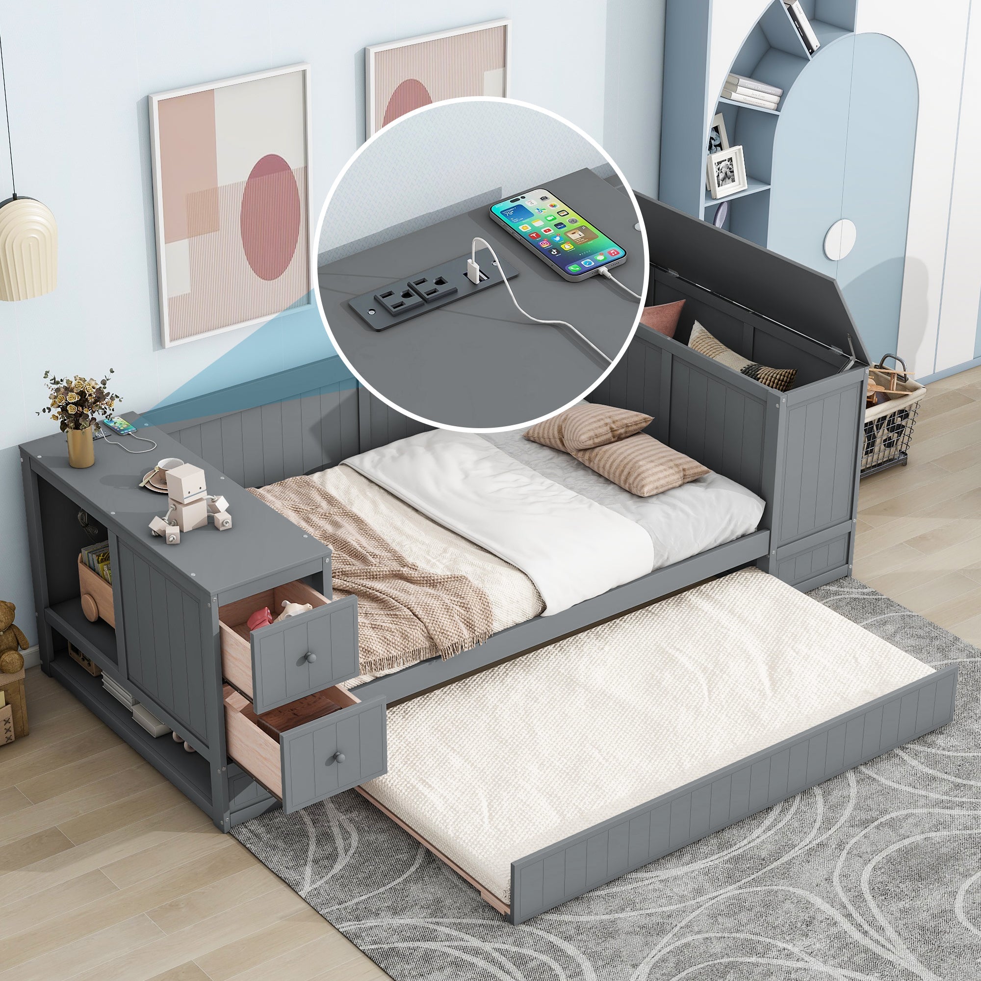 Twin Size Daybed with Storage Arms, Trundle and Charging Station