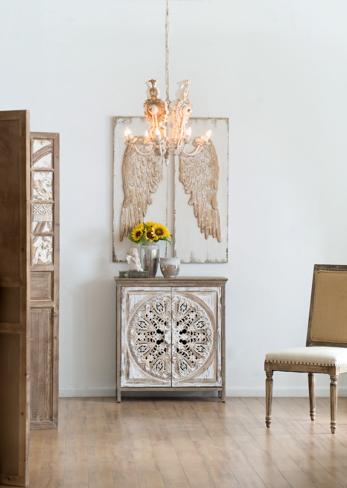 Set of 2 Feather Wing Wall Panels with Distressed Finish