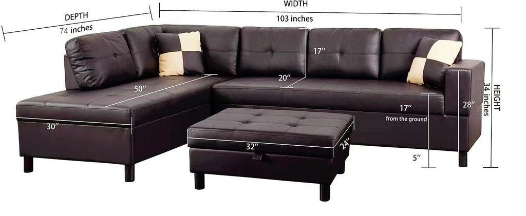 3 PC Sectional Sofa Set - Brown Faux Leather