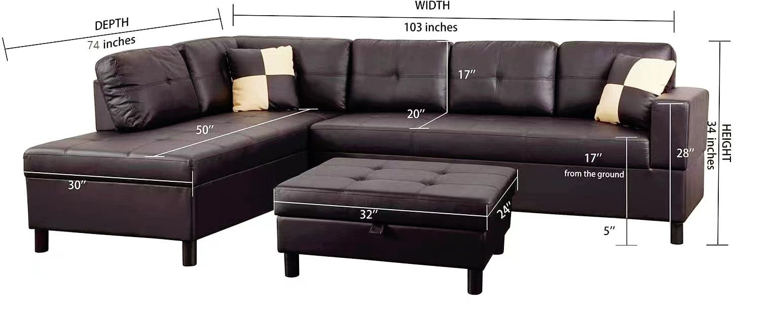 3 PC Sectional Sofa Set - Brown Faux Leather