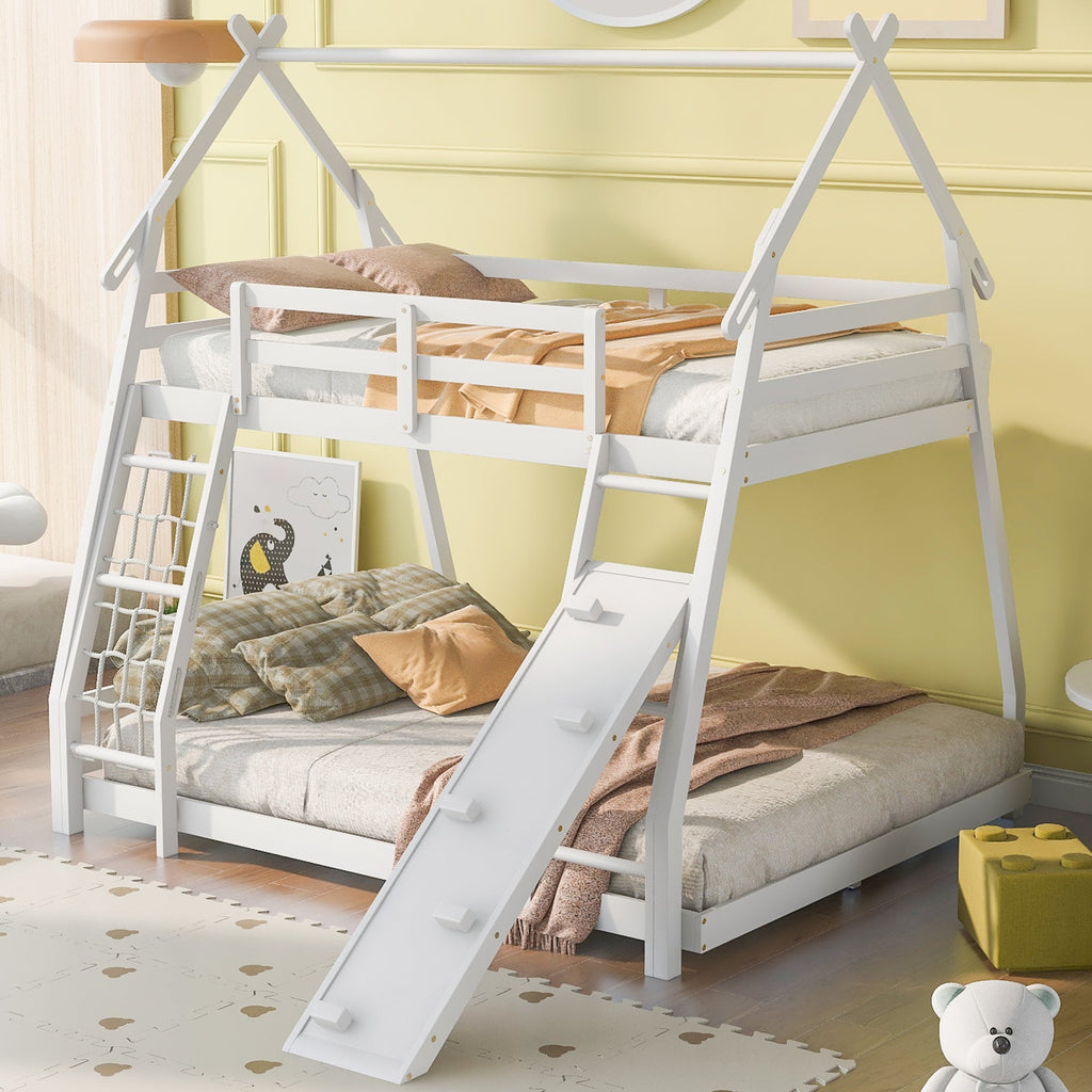 Twin Over Queen House Bunk Bed with Climbing Nets and Climbing Ramp