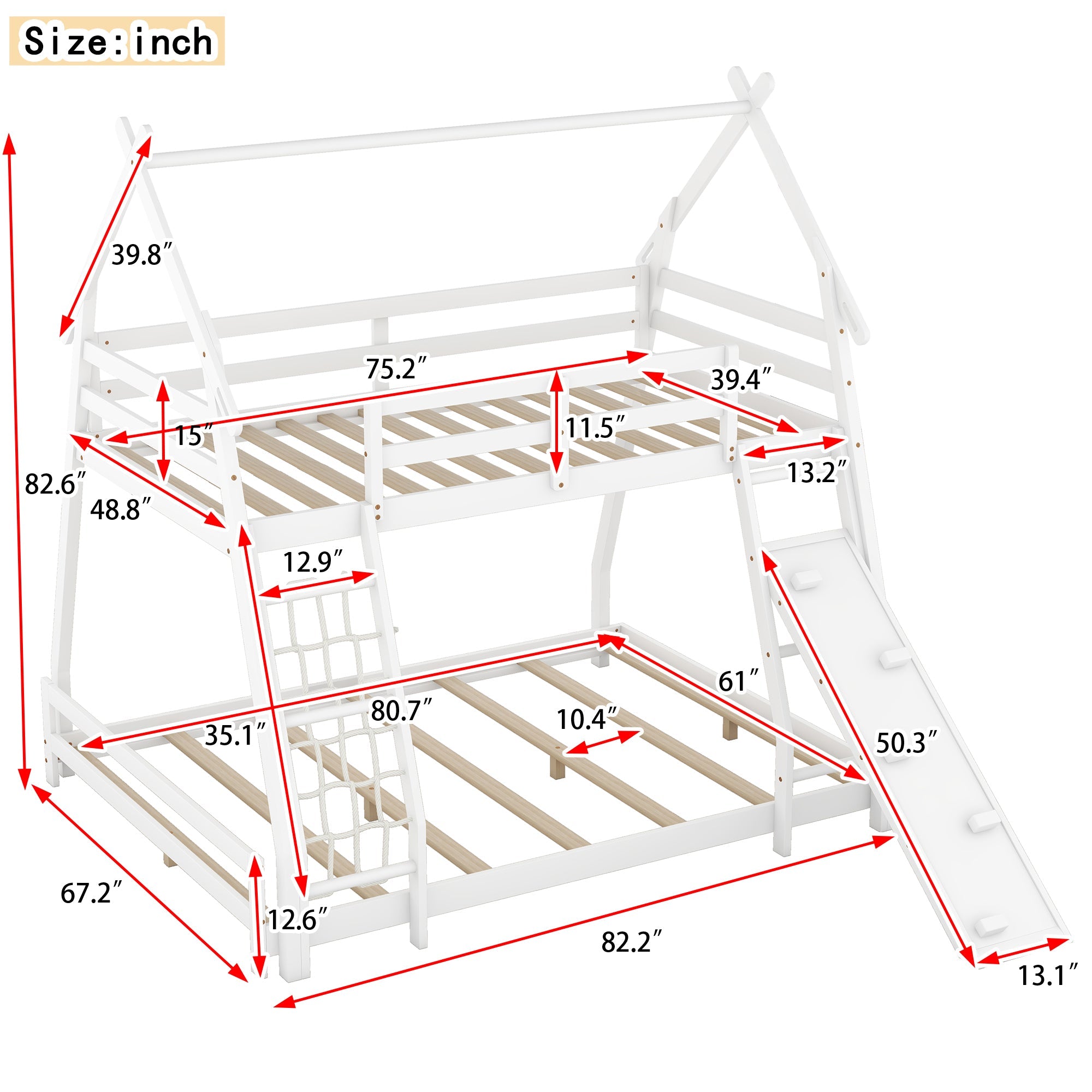 Twin Over Queen House Bunk Bed with Climbing Nets and Climbing Ramp