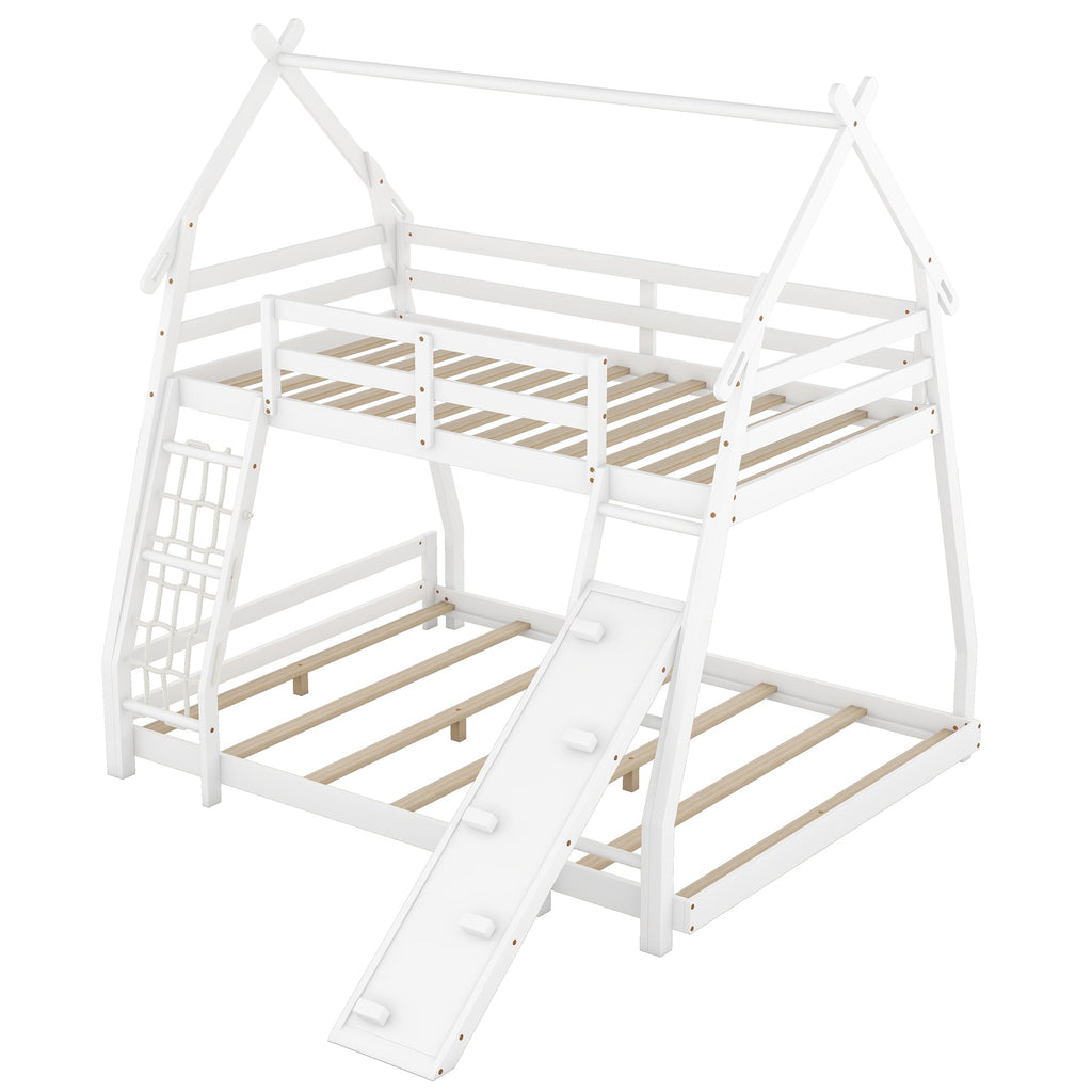 Twin Over Queen House Bunk Bed with Climbing Nets and Climbing Ramp