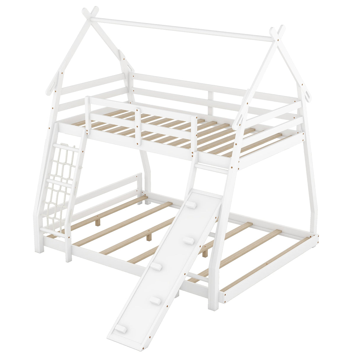 Twin Over Queen House Bunk Bed with Climbing Nets and Climbing Ramp
