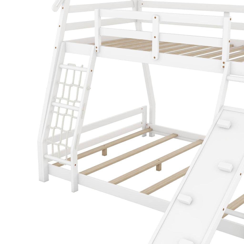 Twin Over Queen House Bunk Bed with Climbing Nets and Climbing Ramp