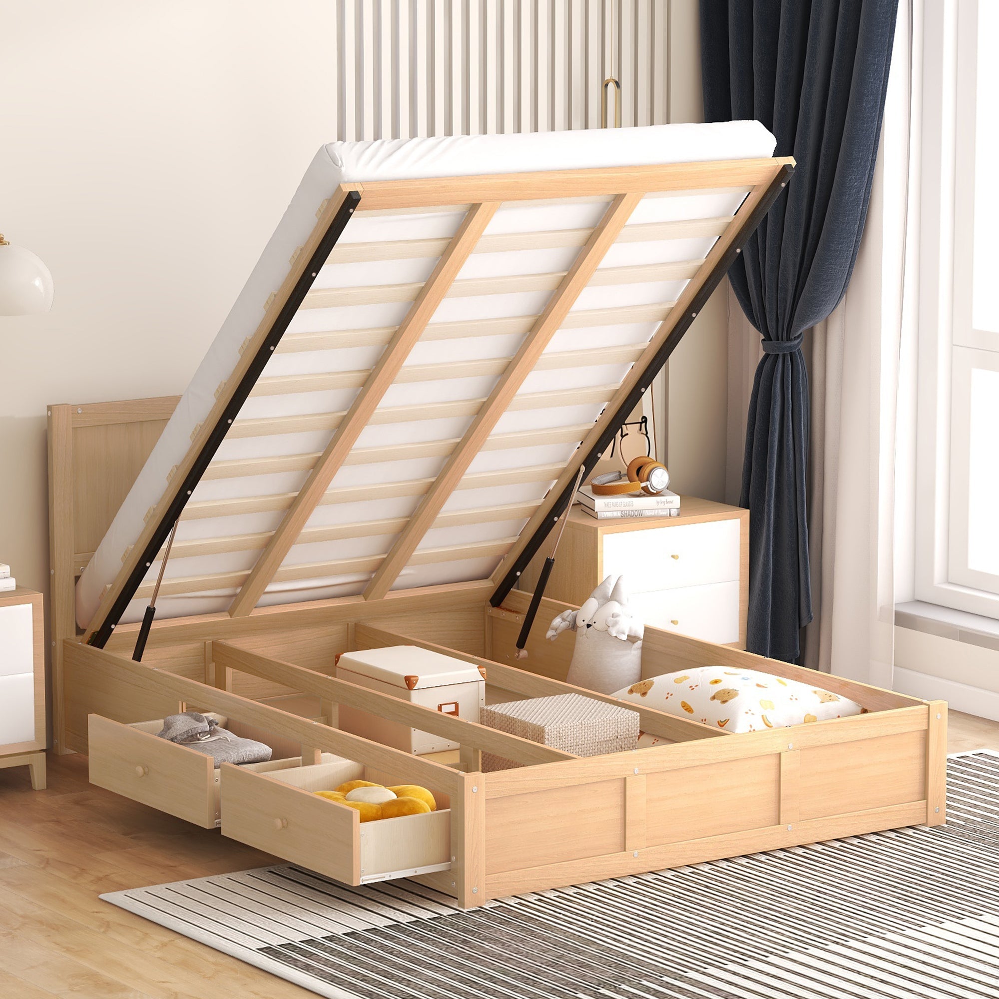 Full Size Wood Platform Bed with Underneath Storage and 2 Drawers