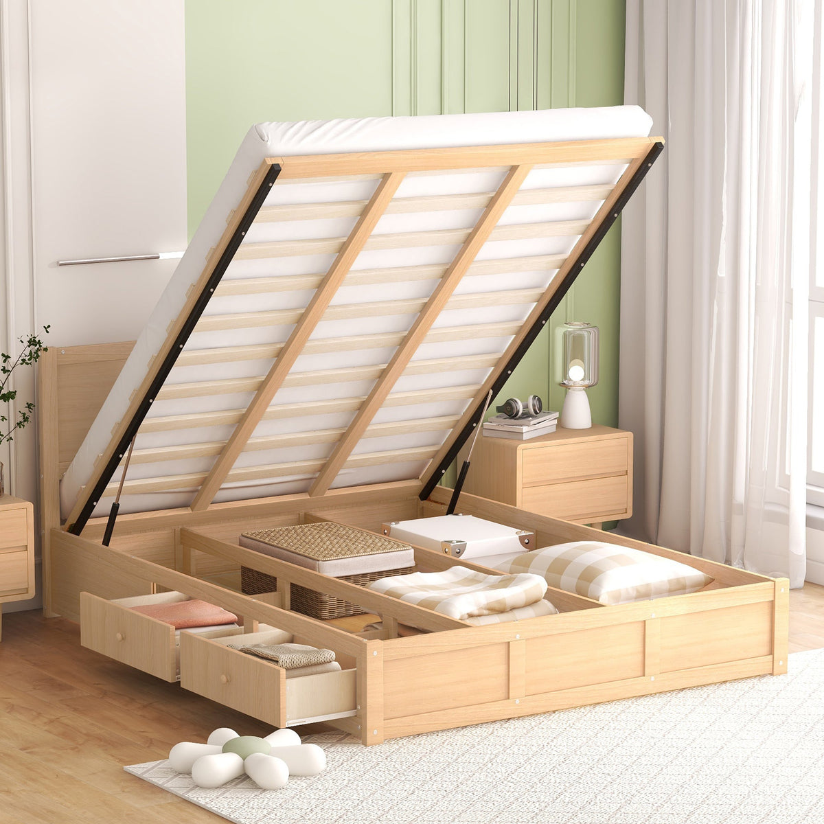 Queen Size Wood Platform Bed with Underneath Storage and 2 Drawers
