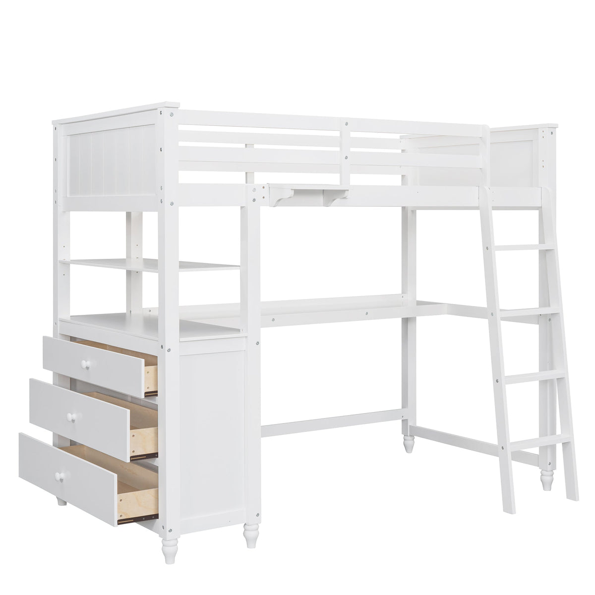 Twin Size Loft Bed with Drawers and Desk - White