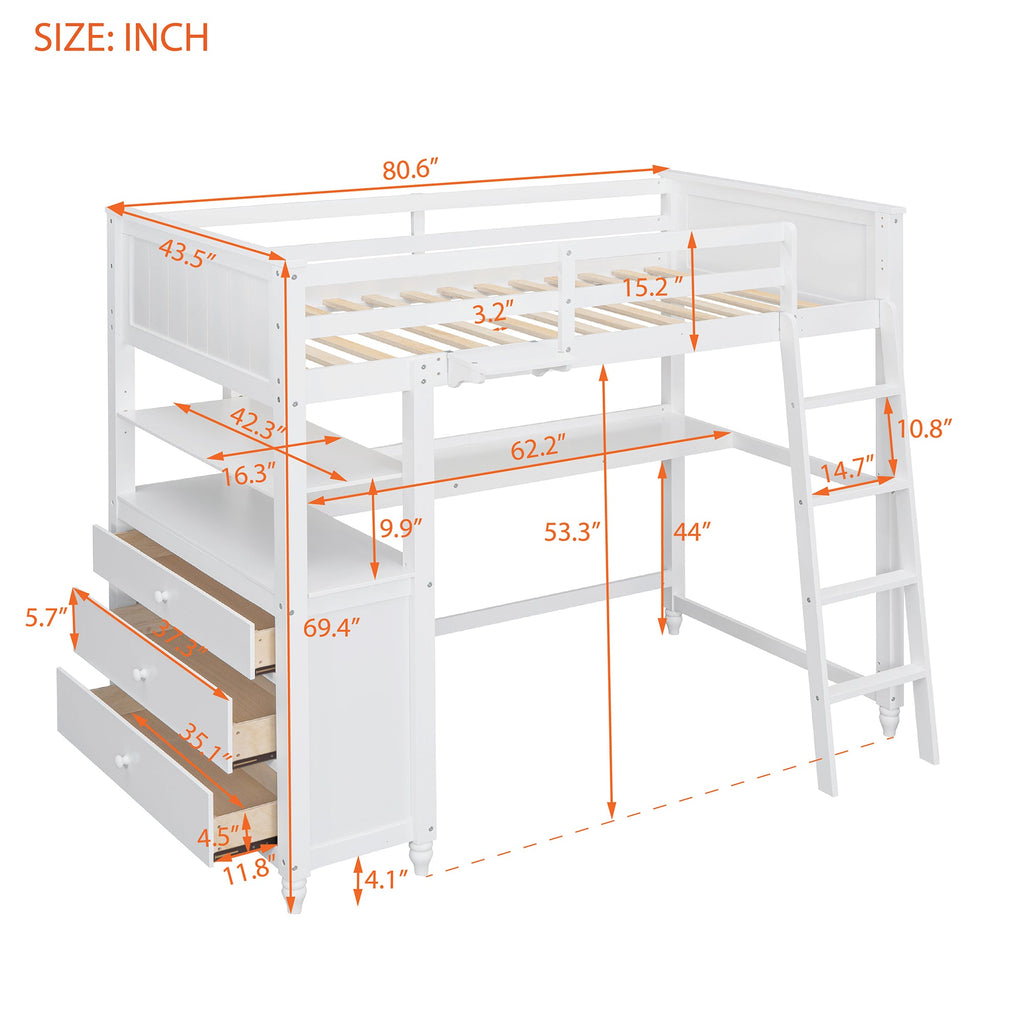 Twin Size Loft Bed with Drawers and Desk - White