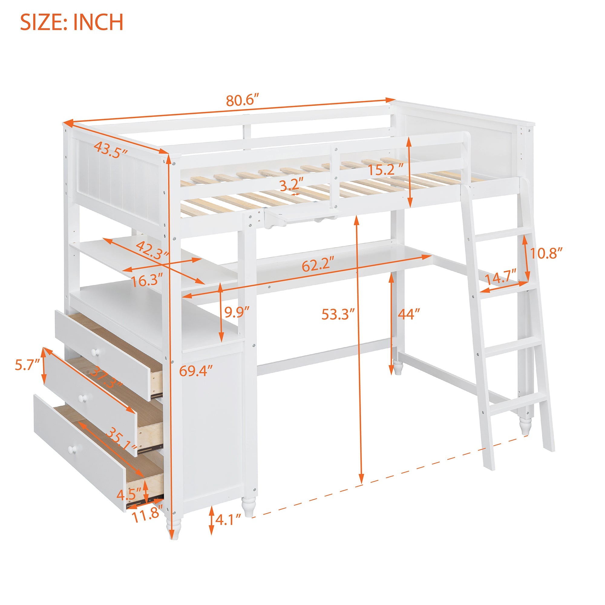 Twin Size Loft Bed with Drawers and Desk - White