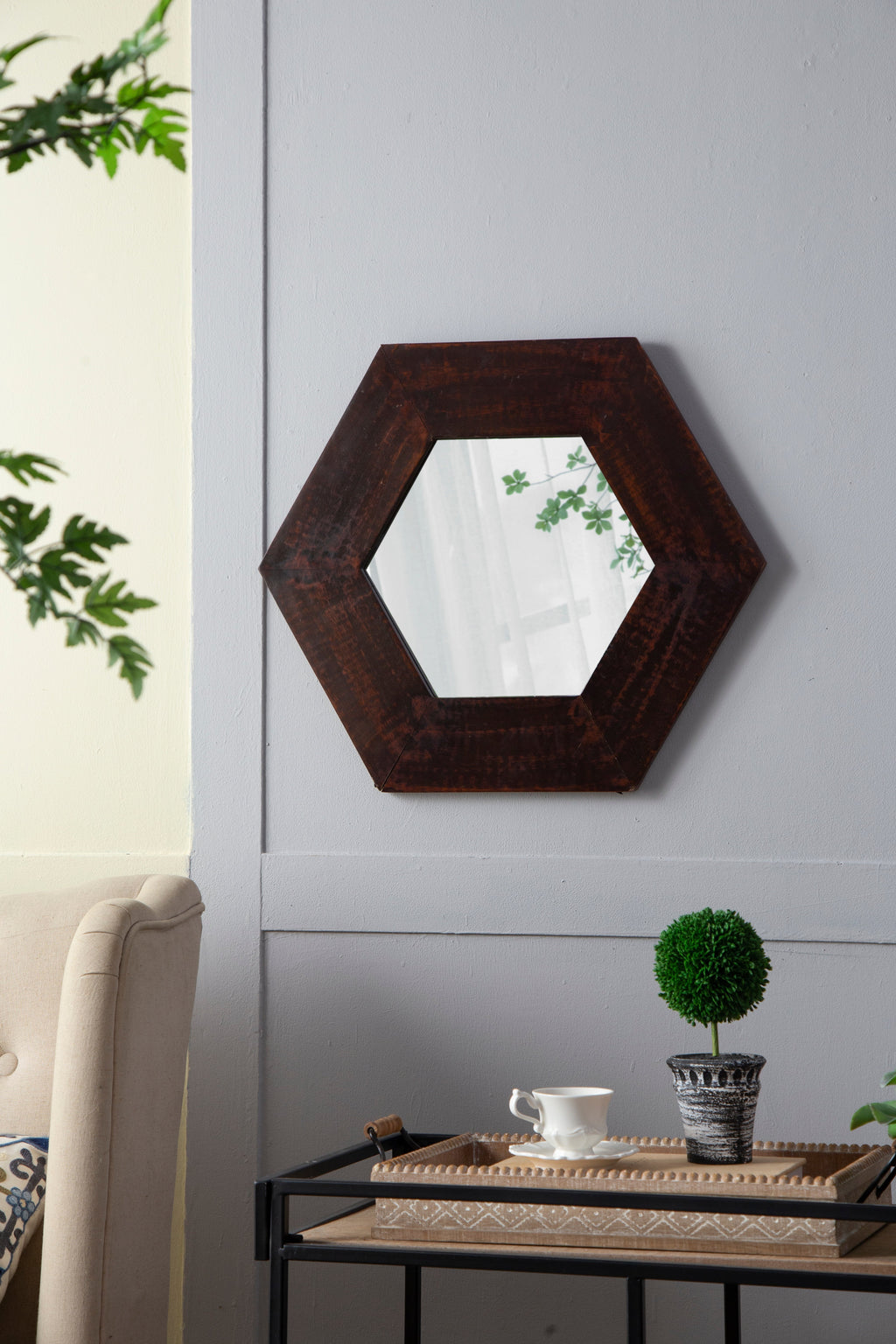 18.5" x 18.5" Hexagon Mirror with Solid Wood Frame