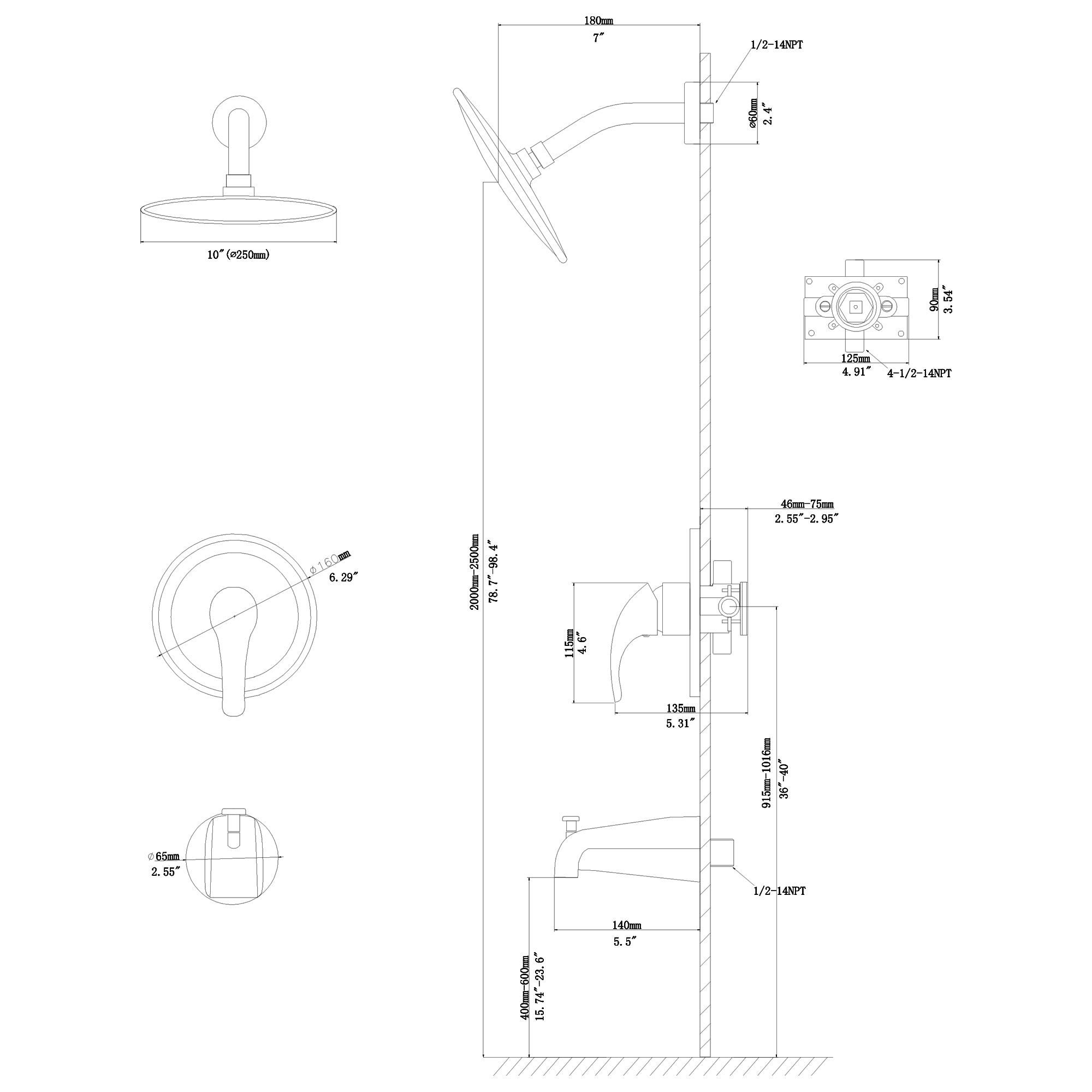 10" Round Rain Shower Head System with Waterfall Tub Spout