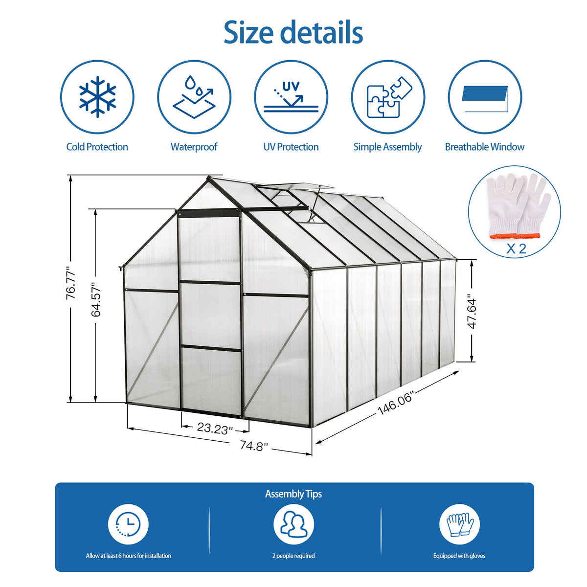 6x12 FT Polycarbonate Greenhouse with Raised Base
