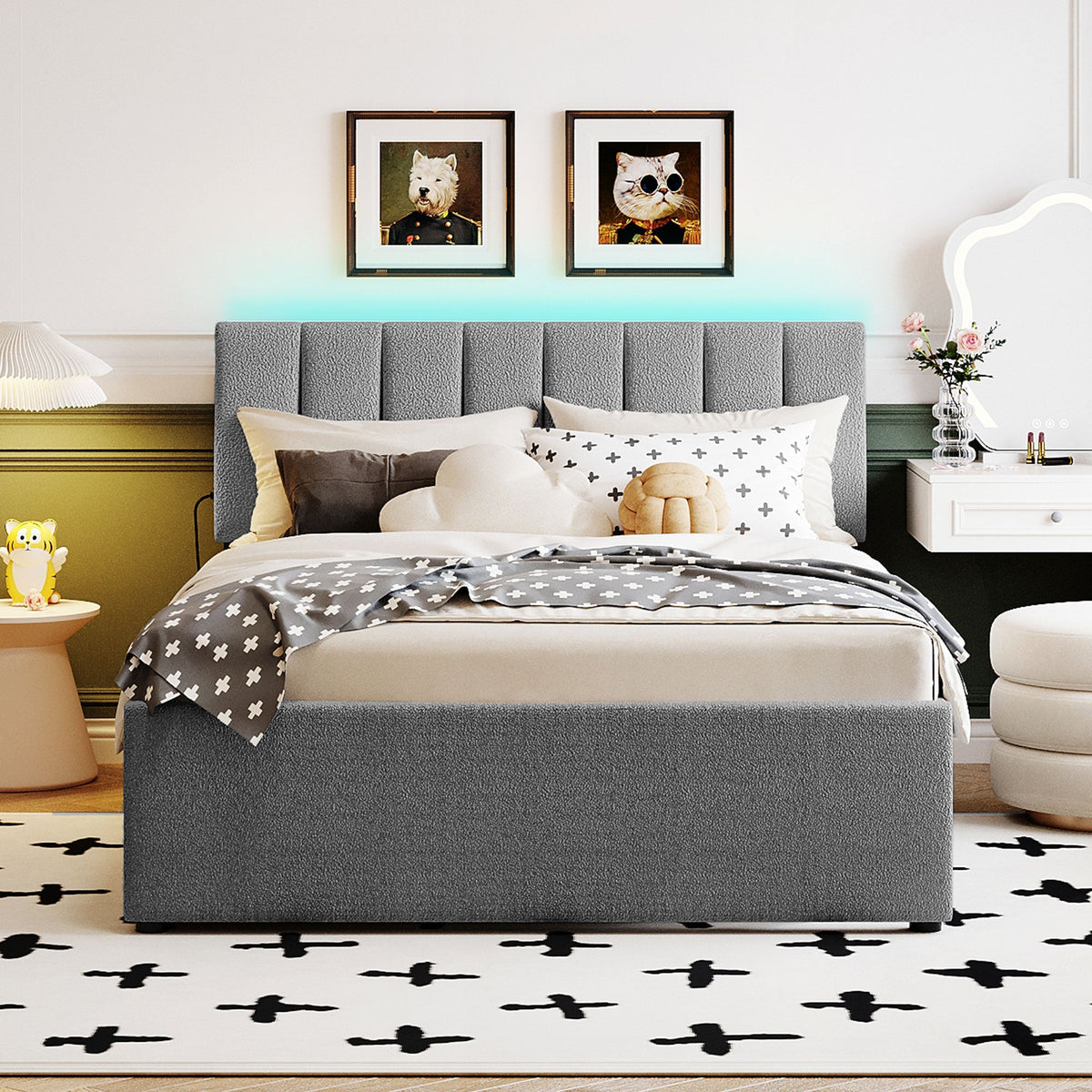 Teddy Fleece Full Size Upholstered Platform Bed with Twin Size Trundle