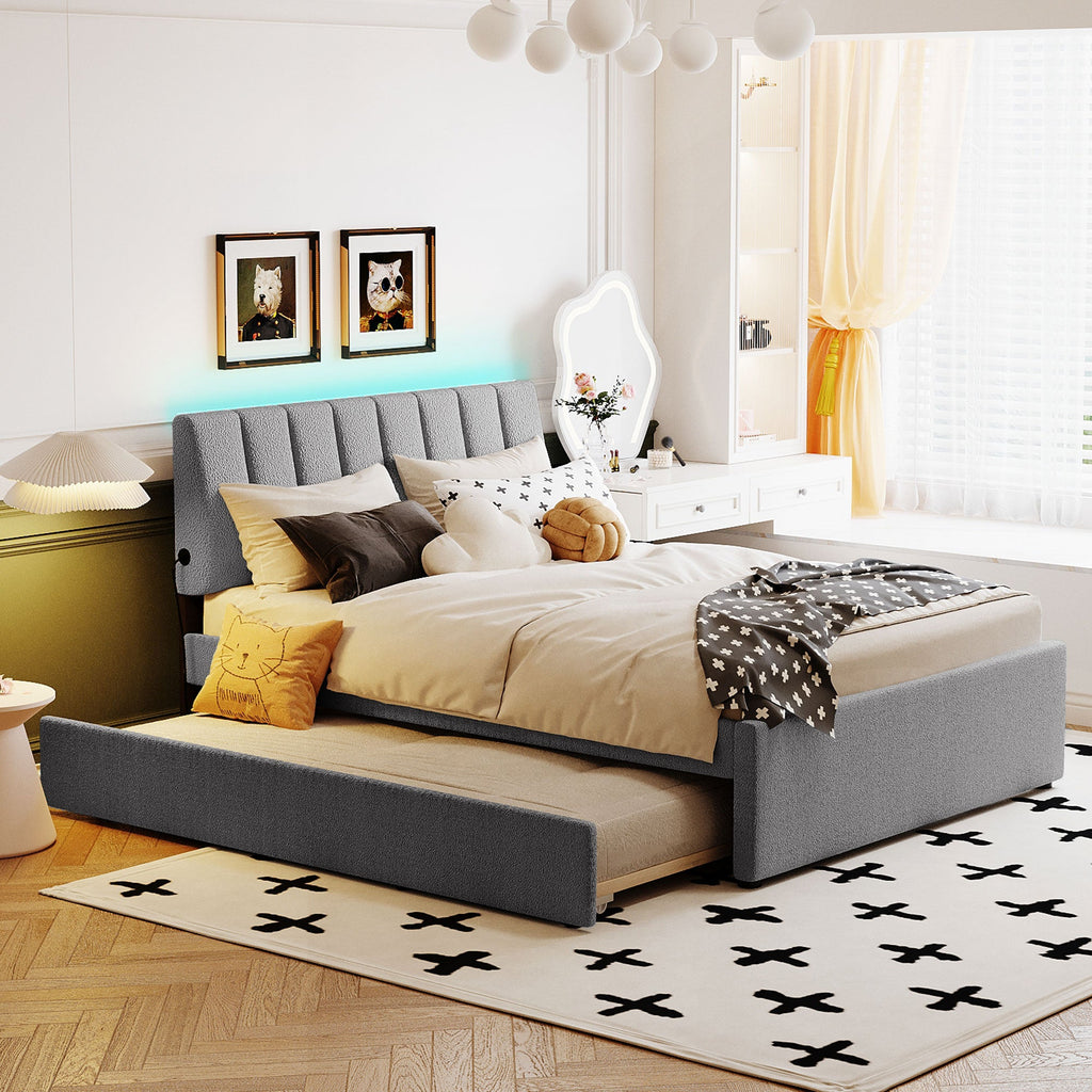 Teddy Fleece Full Size Upholstered Platform Bed with Twin Size Trundle