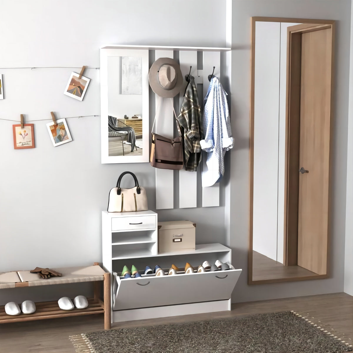 Combination Model Gate Cabinet with Shoe Cabinet, Hang Shelf, and Mirror