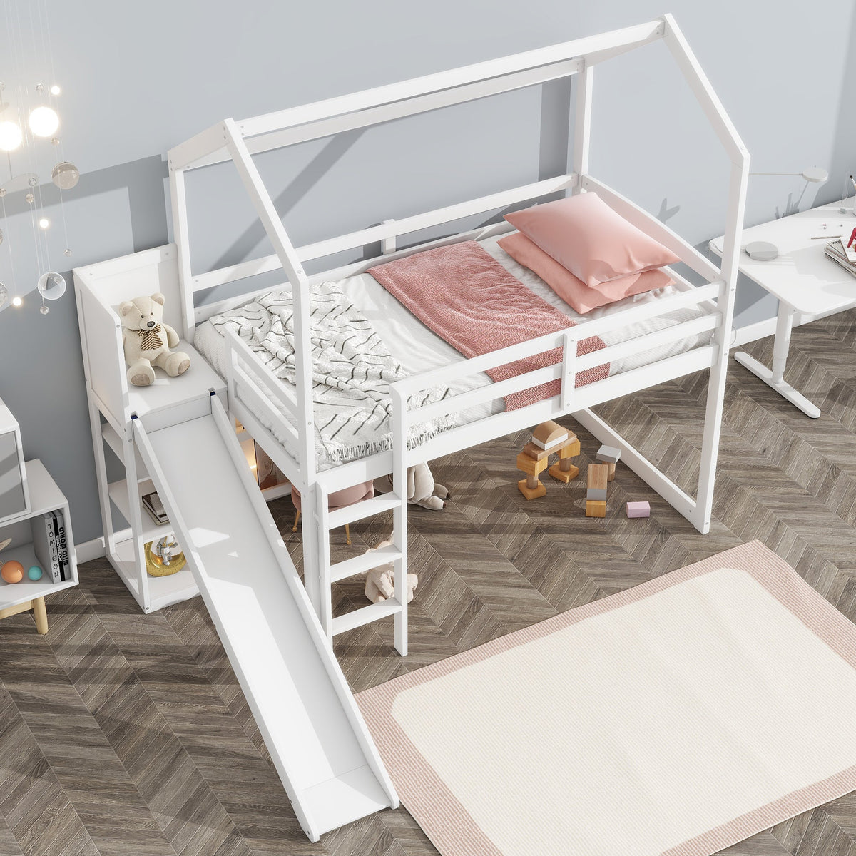 Twin Size Wood House Loft Bed with Slide, Storage Shelves, and Light