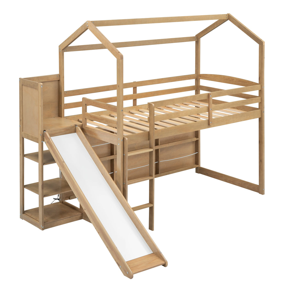 Twin Size Wood House Loft Bed with Slide, Storage Shelves and Light