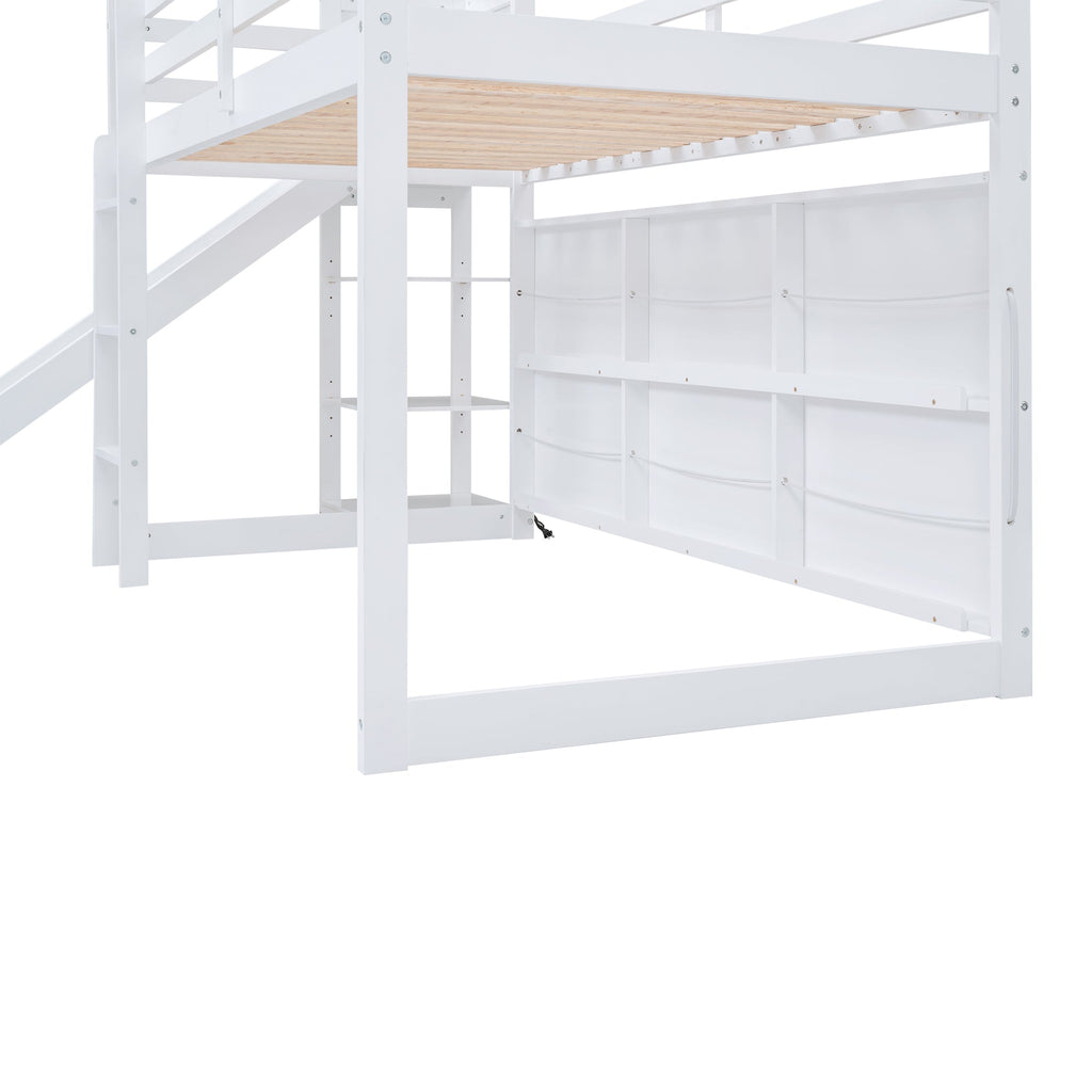 Twin Size Wood House Loft Bed with Slide, Storage Shelves, and Light