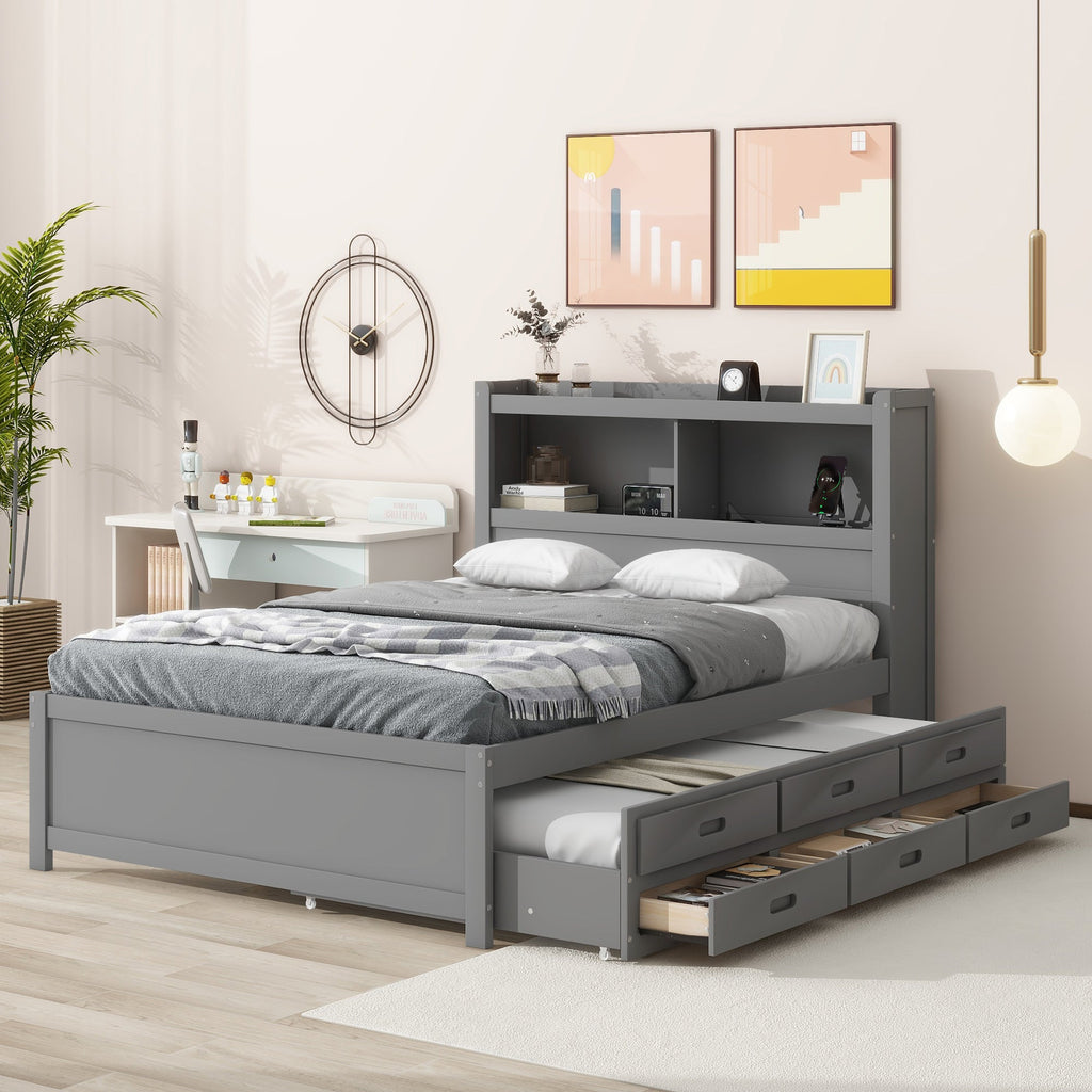 Full Size Platform Bed With Trundle, Drawers and USB Plugs