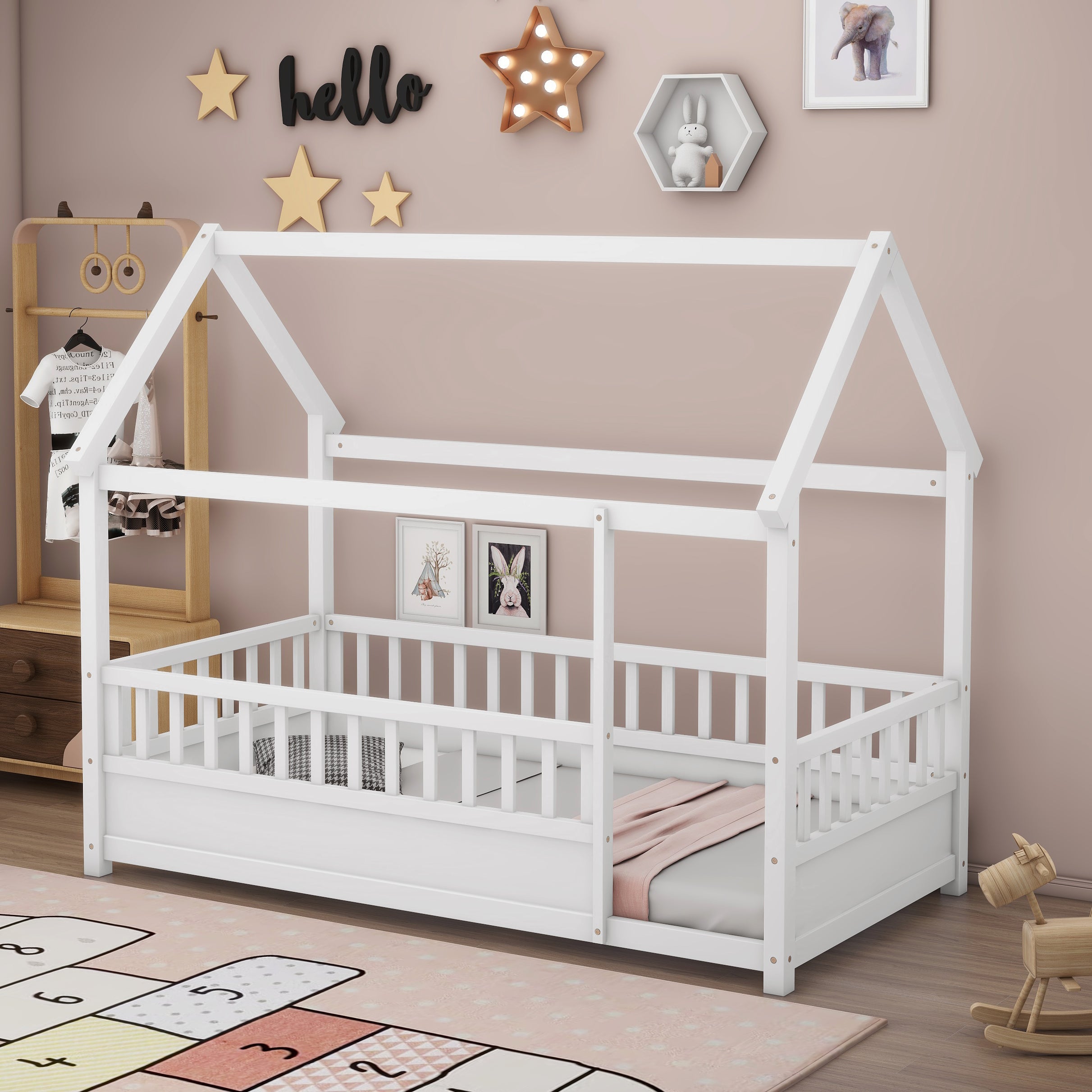 Twin Size Floor Wooden Bed with House Roof Frame