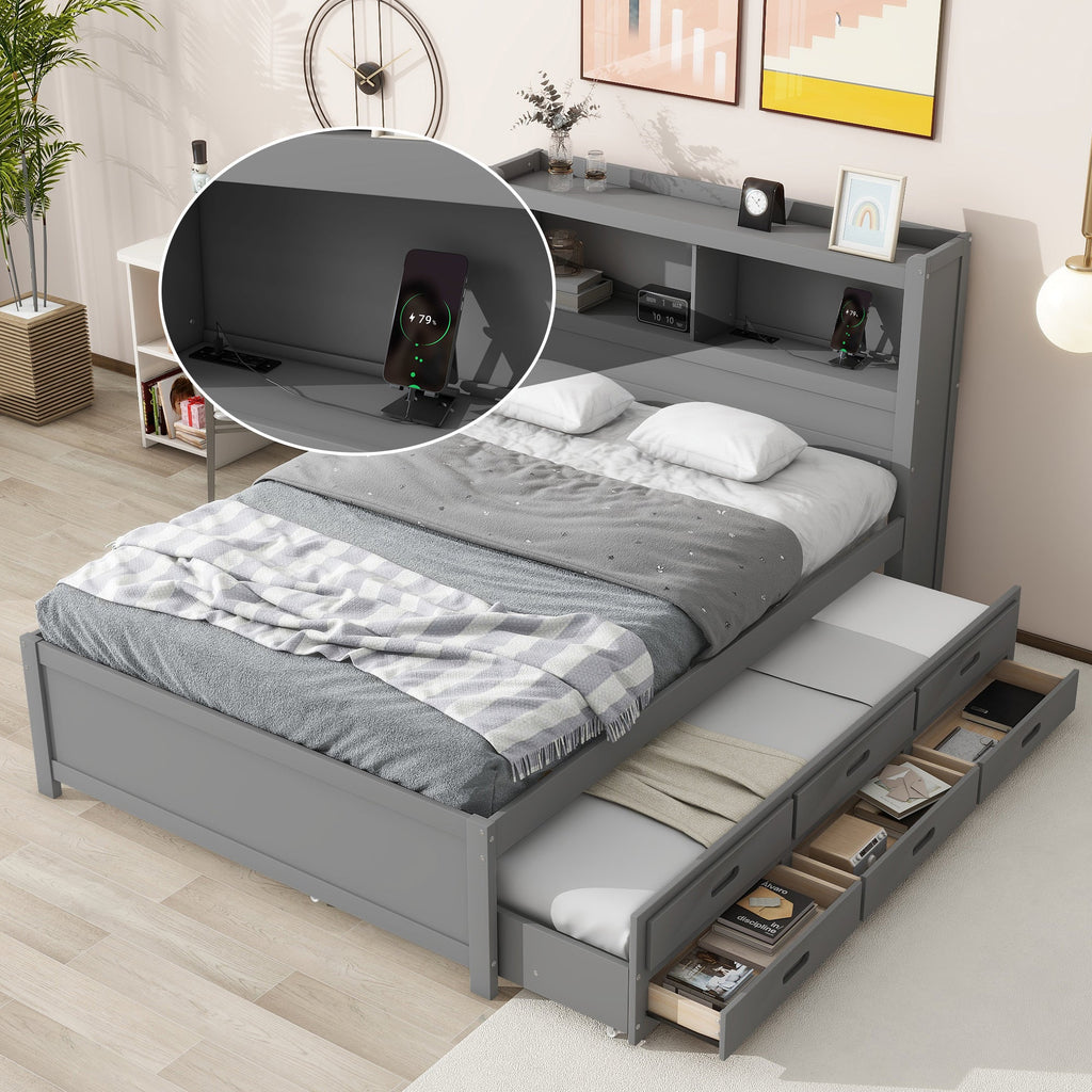 Full Size Platform Bed With Trundle, Drawers and USB Plugs