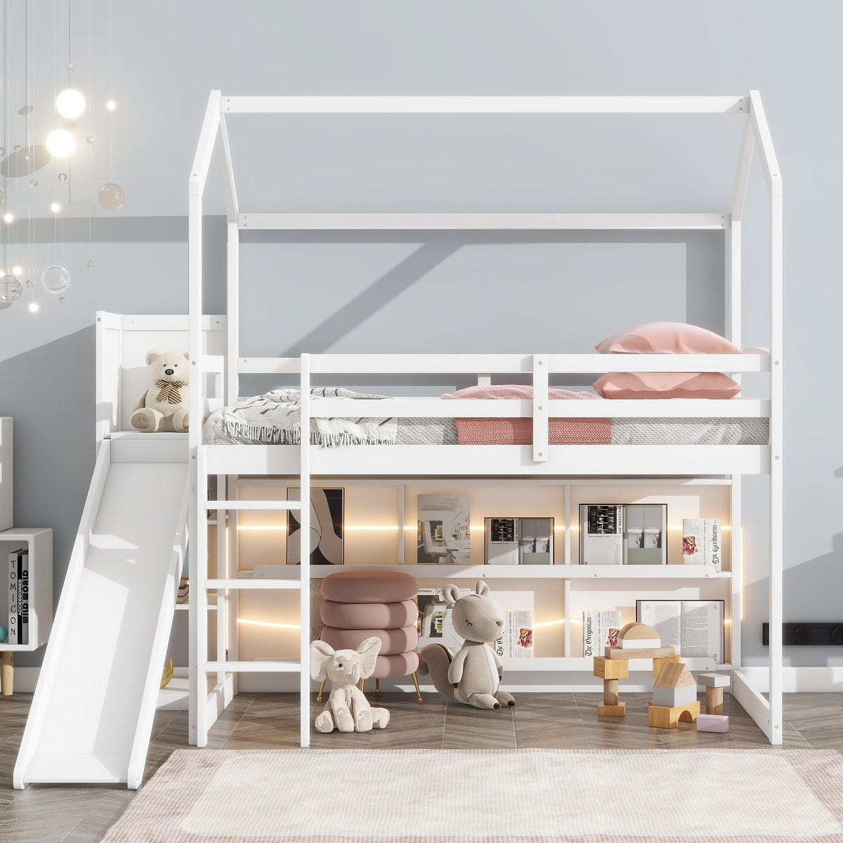 Twin Size Wood House Loft Bed with Slide, Storage Shelves, and Light