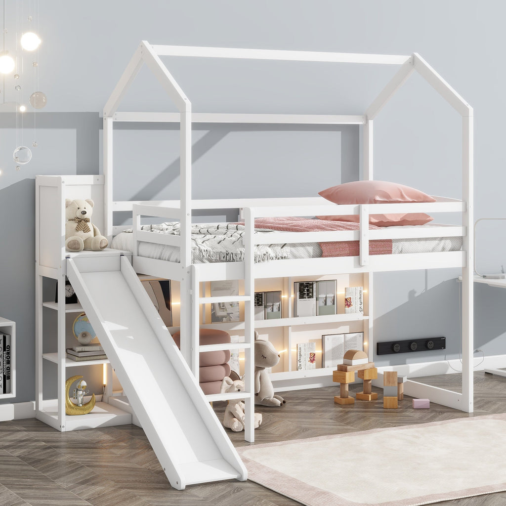 Twin Size Wood House Loft Bed with Slide, Storage Shelves, and Light