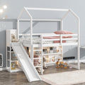 Twin Size Wood House Loft Bed with Slide, Storage Shelves, and Light
