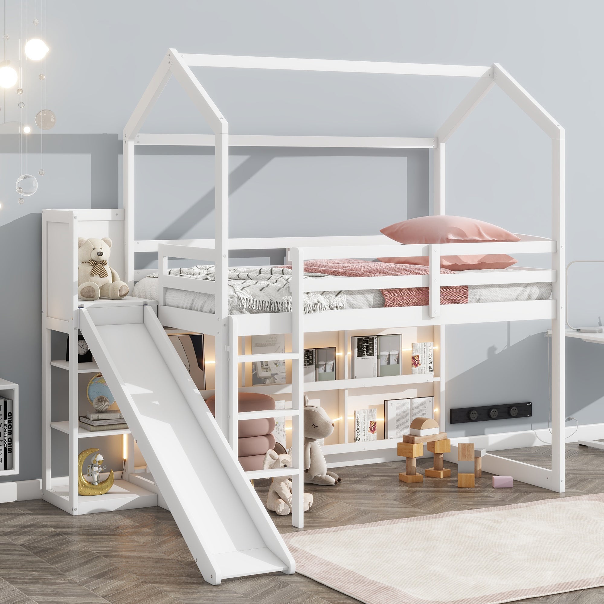 Twin Size Wood House Loft Bed with Slide, Storage Shelves, and Light