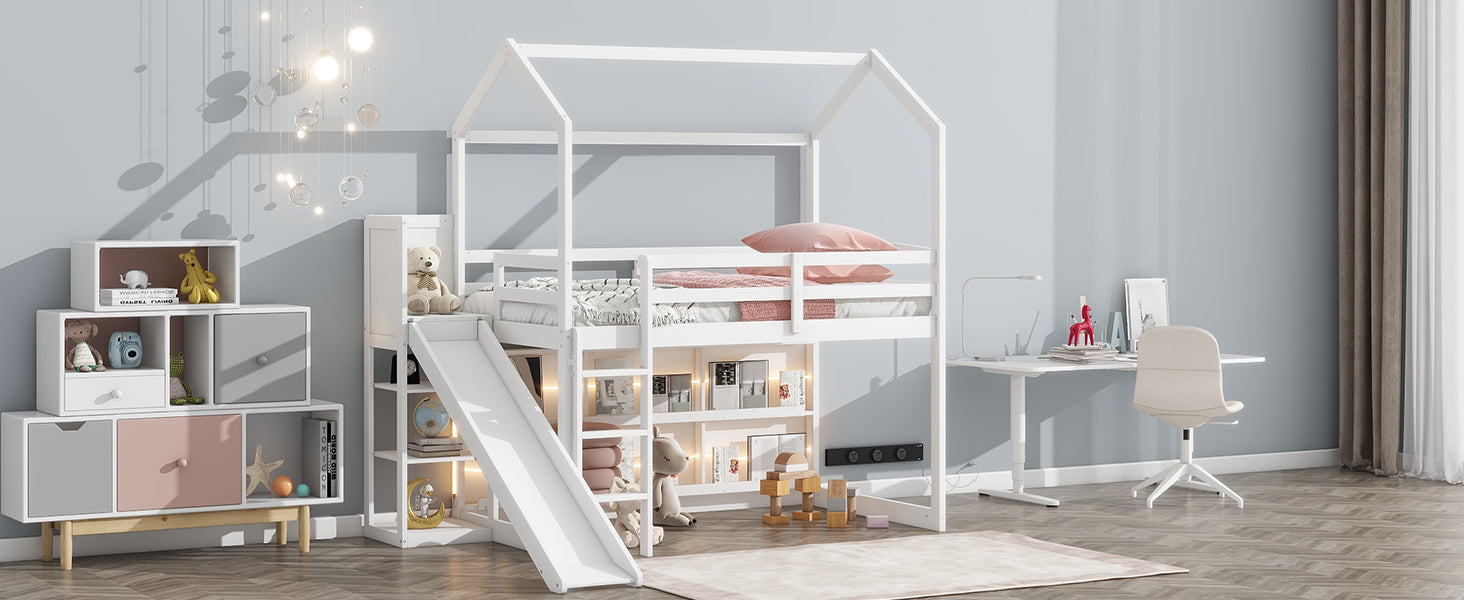 Twin Size Wood House Loft Bed with Slide, Storage Shelves, and Light