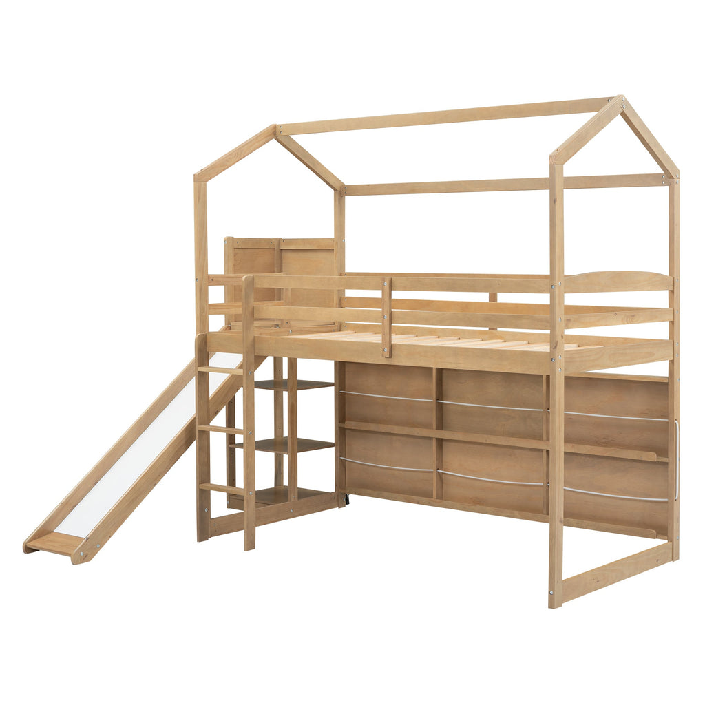 Twin Size Wood House Loft Bed with Slide, Storage Shelves and Light