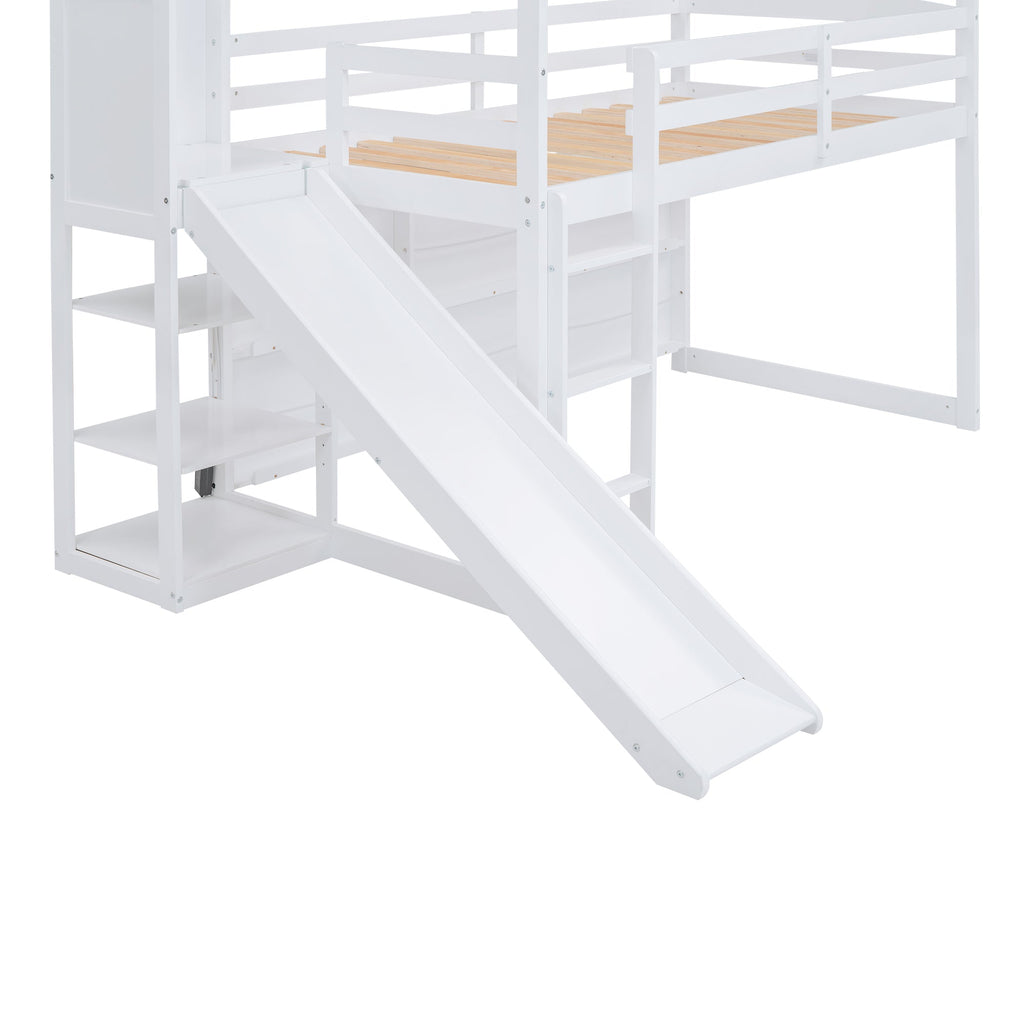 Twin Size Wood House Loft Bed with Slide, Storage Shelves, and Light