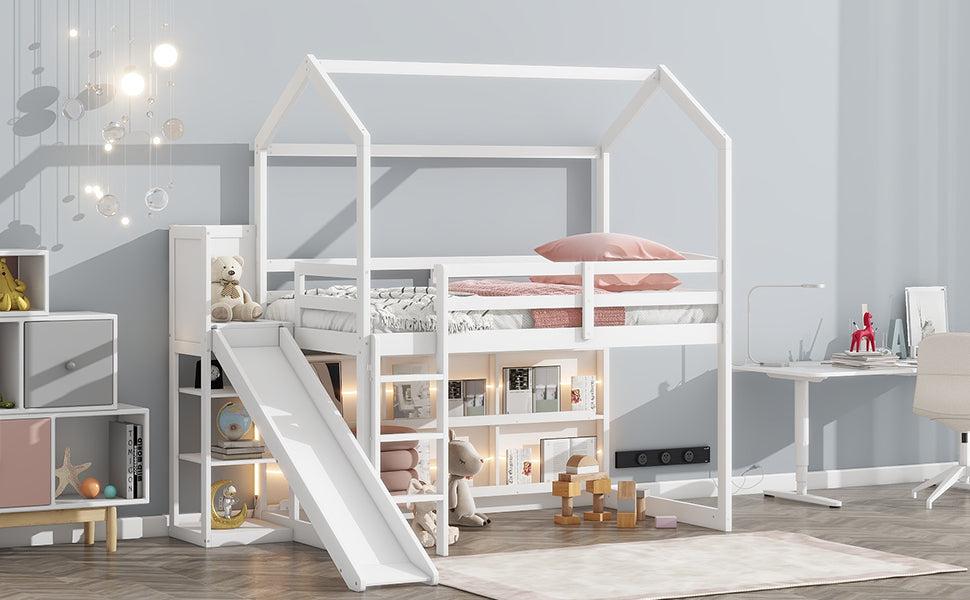 Twin Size Wood House Loft Bed with Slide, Storage Shelves, and Light