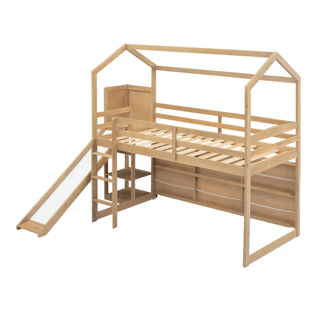 Twin Size Wood House Loft Bed with Slide, Storage Shelves and Light