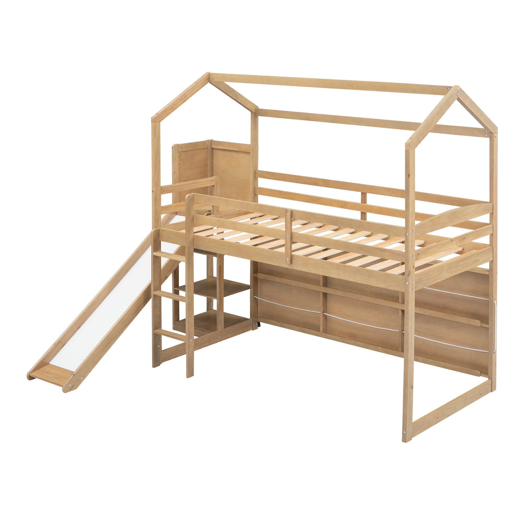 Twin Size Wood House Loft Bed with Slide, Storage Shelves and Light