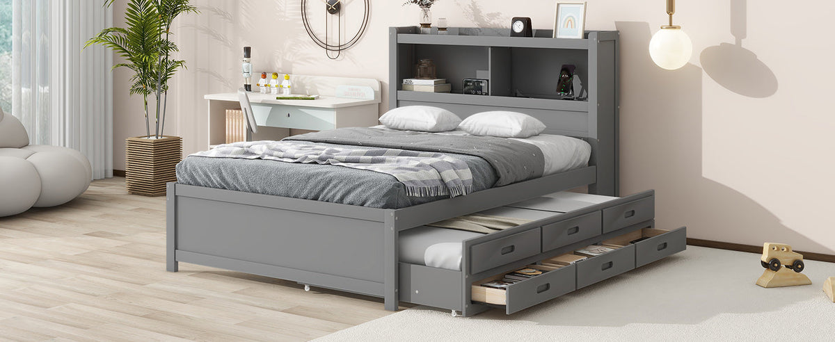 Full Size Platform Bed With Trundle, Drawers and USB Plugs