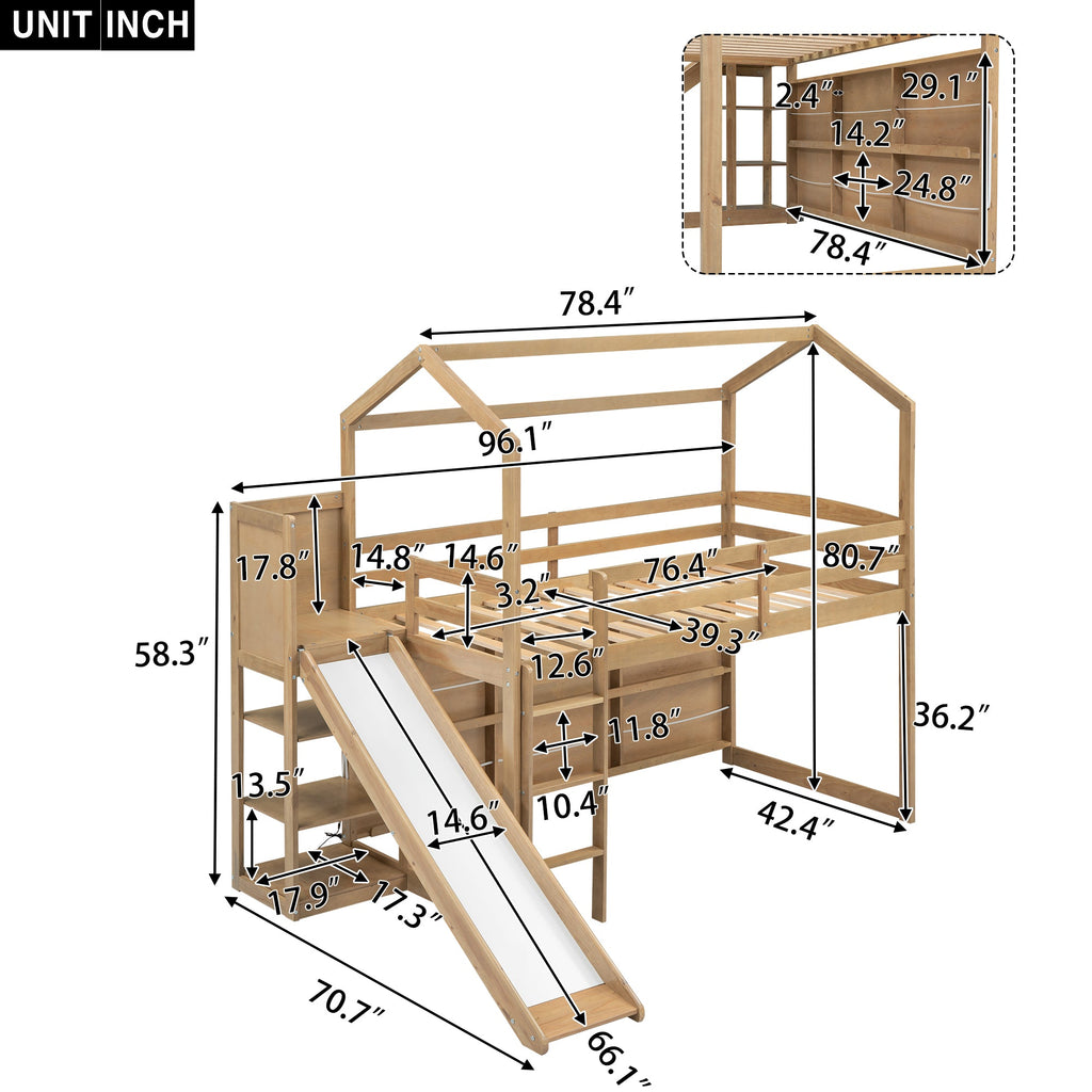 Twin Size Wood House Loft Bed with Slide, Storage Shelves and Light