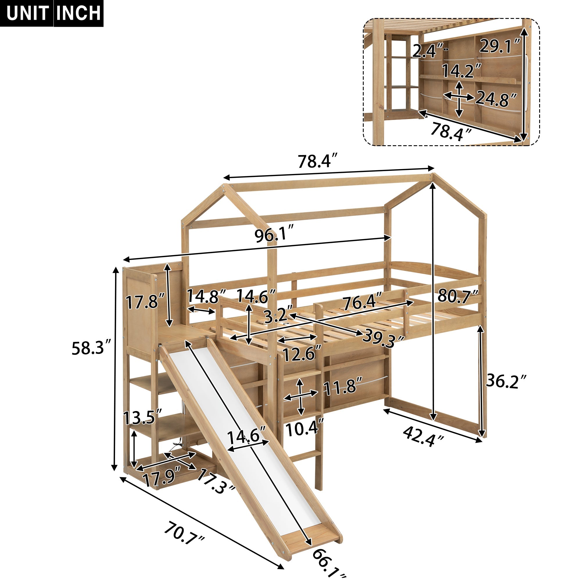 Twin Size Wood House Loft Bed with Slide, Storage Shelves and Light