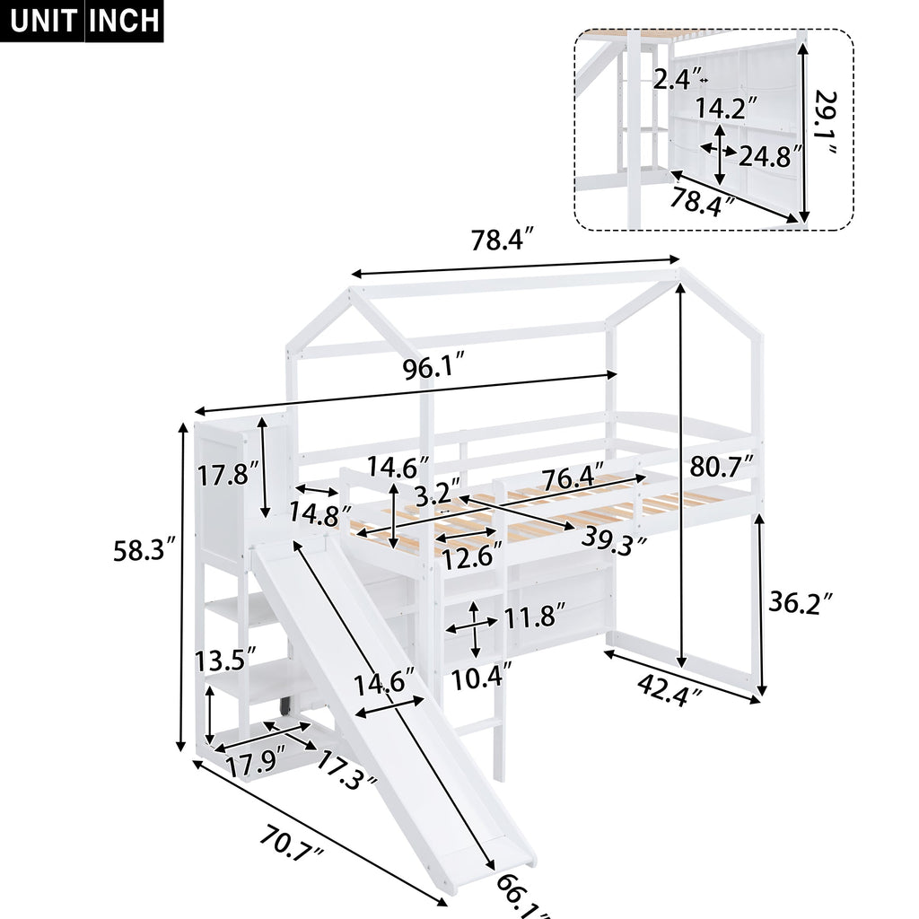 Twin Size Wood House Loft Bed with Slide, Storage Shelves, and Light