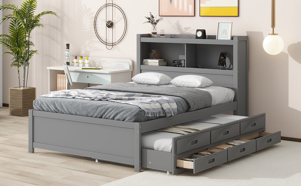 Full Size Platform Bed With Trundle, Drawers and USB Plugs