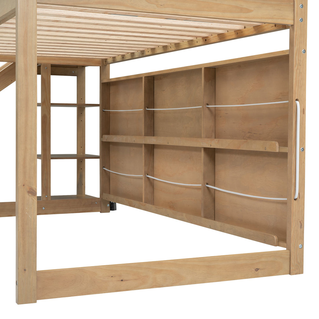 Twin Size Wood House Loft Bed with Slide, Storage Shelves and Light