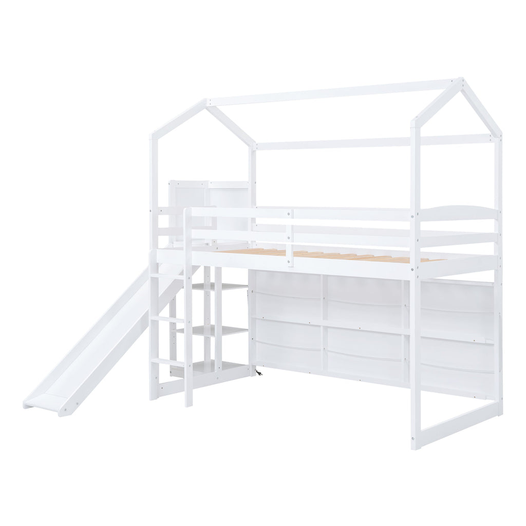 Twin Size Wood House Loft Bed with Slide, Storage Shelves, and Light