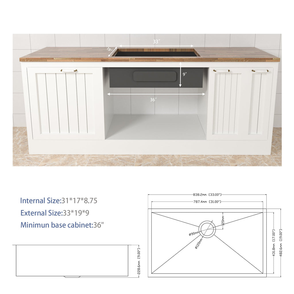33 Inch Undermount Sink - Stainless Steel Kitchen Sink
