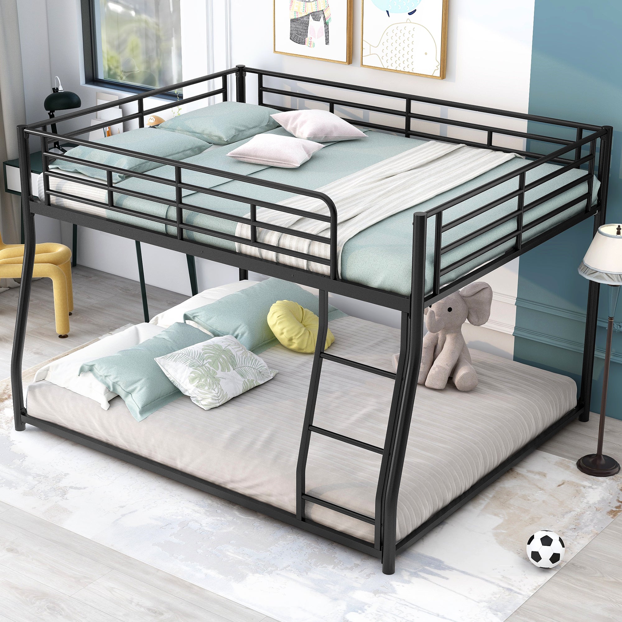 Metal Floor Bunk Bed, Full XL Over Queen